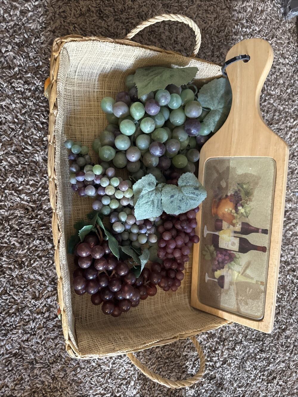 Cutting Board Wood Glass Decorative Wine With Grapes & Basket LOT